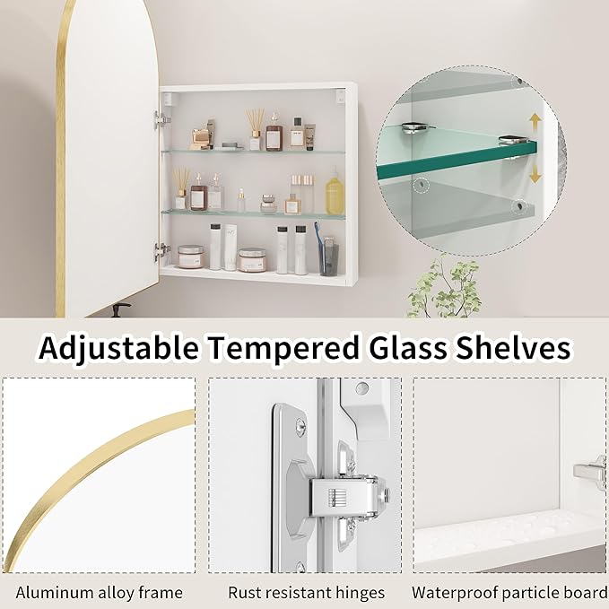 Gold Arched Medicine Cabinet with Mirror,20x32 Wall Mount Medicine Cabinet with Adjustable Glass Shelves,Surface Mount Only,No Recessed,Brushed Gold Medicine Cabinet with Mirror