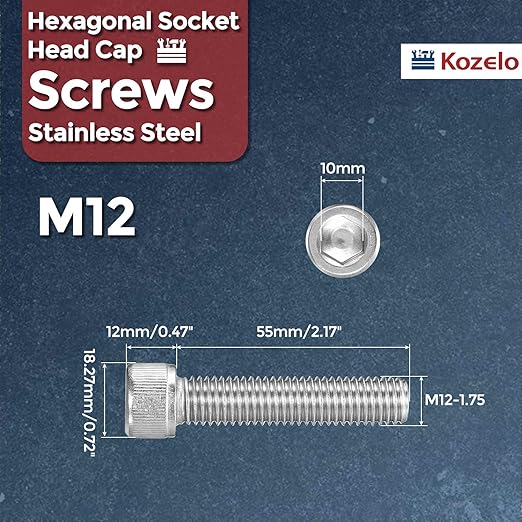 Kozelo 2pcs Socket Head Cap Screws - [M12-1.75 x 55mm] 304 Stainless Steel Allen Socket Drive for Electrical Motor 3D Printing Fan Engine Replacement Use, Silver