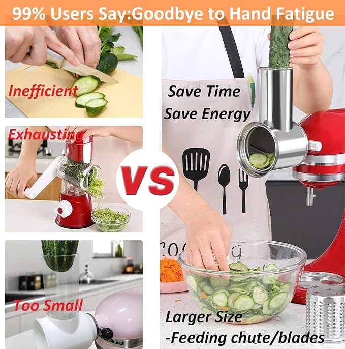 FavorKit Large Stainless Steel Slicer Shredder Attachment for KitchenAid Mixers, Dishwasher Safe Salad Maker, Cheese Grater Accessories with 3 Blades & 1 Knob Thumb Screw
