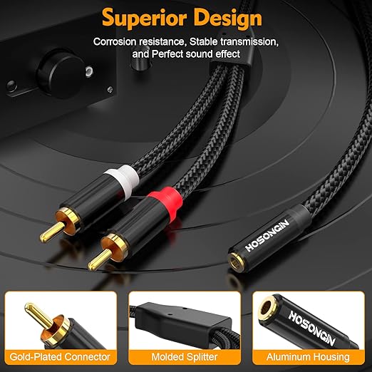 HOSONGIN RCA to 3.5mm Female Adapter (6-Inch) 2 Pack - Gold Plated Audio Converter for Headphones, Turntables, Car Stereos & Streaming - Connect Old School Gear to Modern Devices
