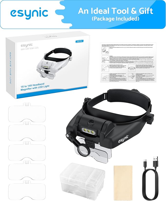 eSynic Type-C Rechargeable Magnifying Glasses Headset-Up to 14X Magnification-5 Interchangeable Lens-3 LED Lights -2 Adjustable Brightness Levels-Comfort & Fit Headband Magnifier for Crafts/Reading