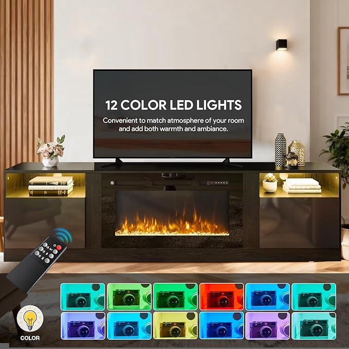 YISUFO 70" TV Stand with 36" Electric Fireplace, Large Modern Media Entertainment Center with Storage Cabinet and 12 Colors LED Lights for TVs Up to 80"