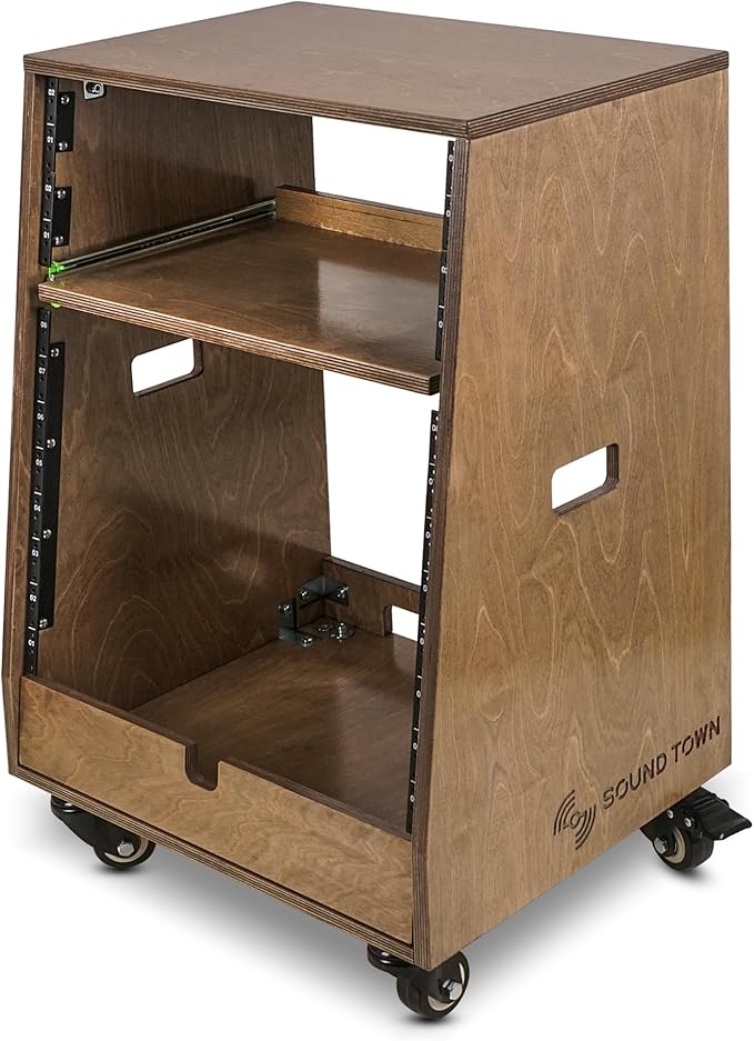 Sound Town DIY Slanted 12U Studio Rack (4U Top + 8U Lower), with 2U Bottom Storage, Slide-Out Tray, Caster, Plywood, Weathered Brown For Recording Room, Home Studio (SDRK-ST12TB)
