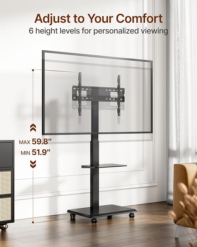 ECOTINY Steel Base Rolling TV Stand for 32-75 inch TVs up to 110 lbs, Leveling & Tilt & Swivel Mobile TV Stand with Hidden Wire Management, Height Adjustable Portable Tv Stand with Steel Shelf, Black