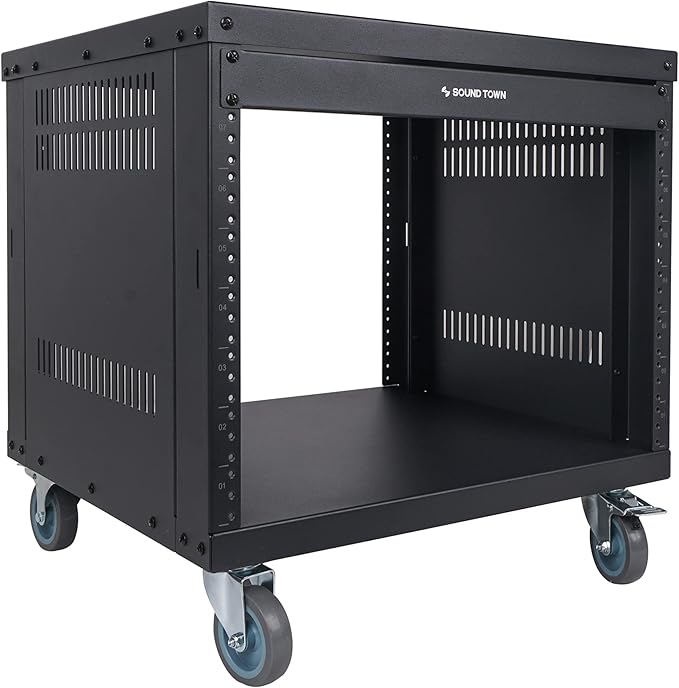 Sound Town 8U Universal Steel Rack, w/Mesh Doors, Locking Casters, Vented Side - Image 2