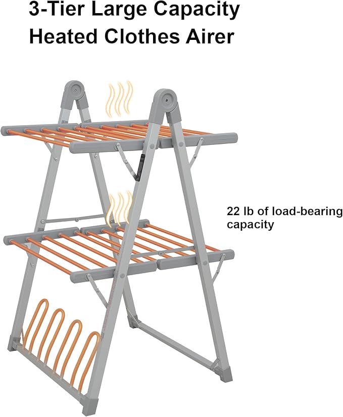 SHARNDY Electric Heated Clothes Drying Rack,Foldable Heated Garment Dryer with Timer Shut-Off Laundry Rack for Clothes Shoes Socks,Aluminum Alloy,Silvery Gray,Plug & Play,(39.37x25.98x23.82in)