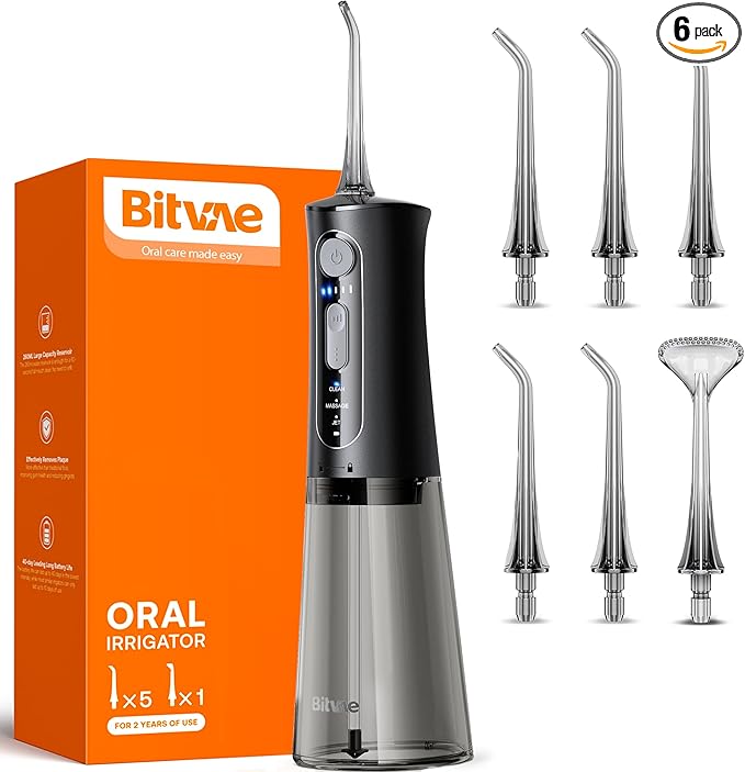 Bitvae Water Dental Flosser for Teeth, Cordless Water Teeth Cleaner Picks, 3 Modes 5 Intensities, IPX7 Waterproof, Rechargeable Water Dental Picks for Cleaning - Black