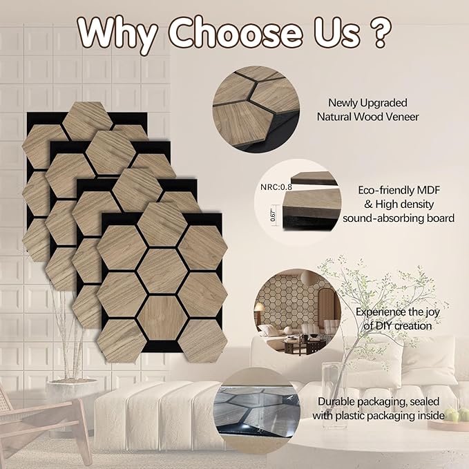 ARMURO Wall Paneling for Interior Wall - 4 PCS Hexagon Wall Panels - Hexagon Acoustic Panels - Natural Walnut Wood Veneer Sound Proof Panels for Walls, Wood Slat Wall Panel 23.8" W x 29" L
