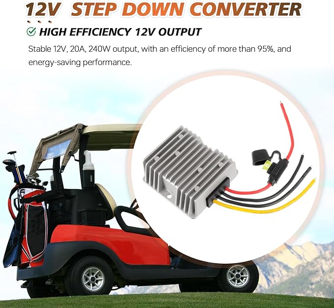 JAMHER 12V 240W Golf Cart 48V 36V to 12V Waterproof Converter Voltage Regulator Reducer Transformer with 20A Fuse for Golf Cart Club Car LED Lights