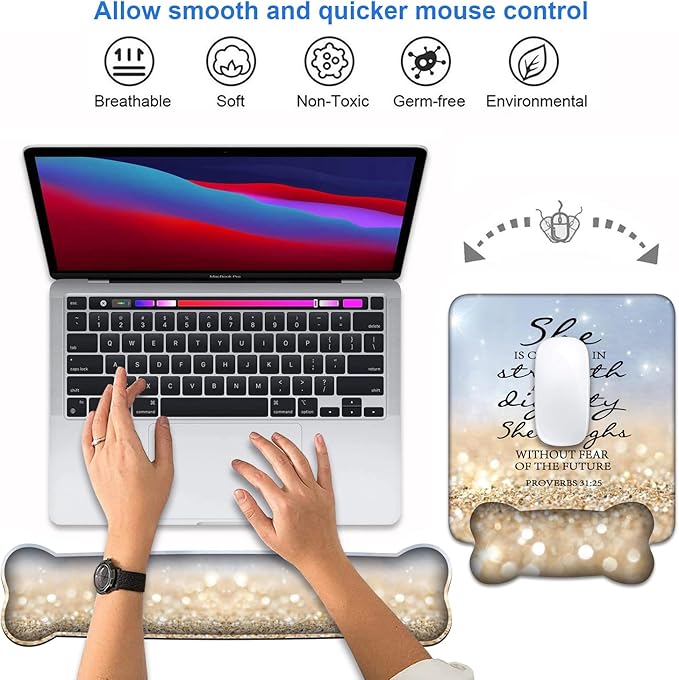 Wrist Rest Support Ergonomic Gel Mouse Pad & Memory Foam Keyboard Set, Non-Slip Rubber PU Base for Home Office Working Studying Easy Typing & Pain Relief - Bible Verses Proverbs 31:25