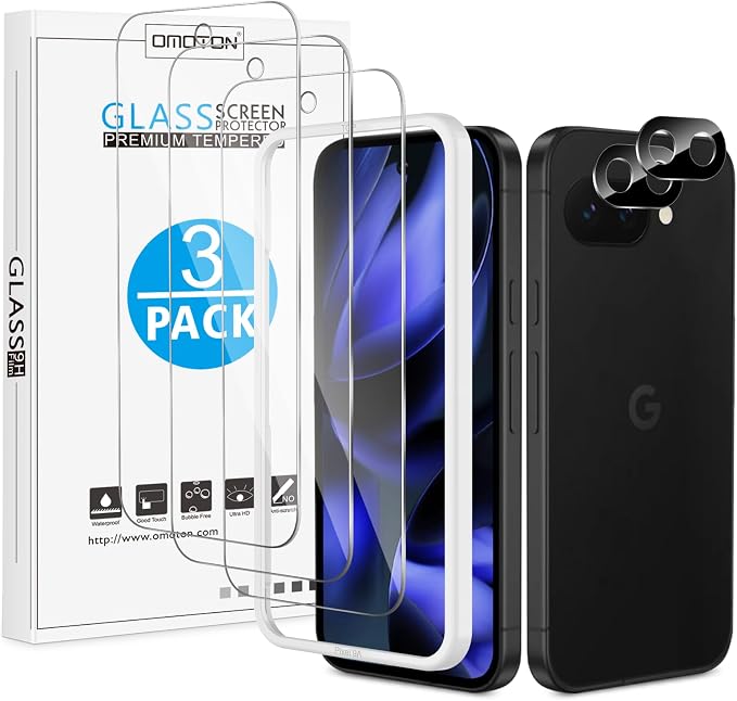 OMOTON 3+2 Pack for Google Pixel 9a Screen Protector 6.3 inch, 3 Pack Tempered by OMOTON