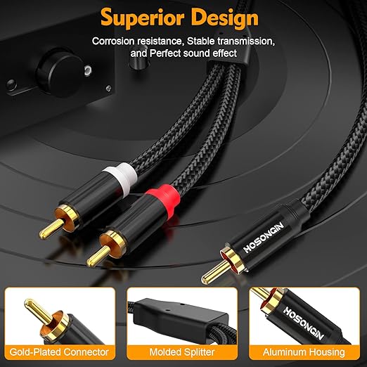 HOSONGIN RCA Y Splitter Cable, 6.6ft, 2 Pack, Gold-Plated, Noise-Free Durable Braided Audio Cable, 1 Male to 2 Male Adapter for Subwoofers, Amplifiers, TVs, Home Theater, Hi-Fi Systems