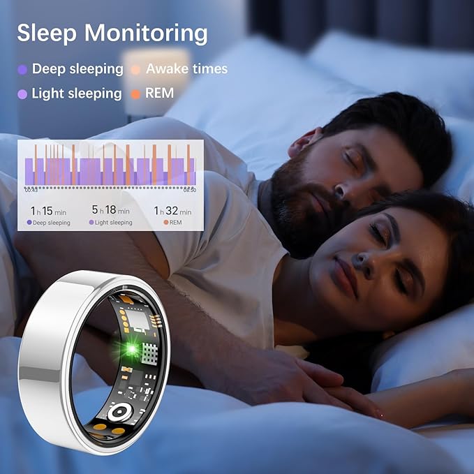 Smart Health Ring for Women Men, Fitness Tracker Ring with Heart Rate, Blood Oxygen, Sleep Tracker, Step Tracker, No Subscription Fee, IP68 Waterproof Smart Ring for iphone & Android (Silver, 13#)