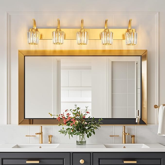 FDPBY Modern Bathroom Vanity Light, 5-Light Gold Wall Sconce with Crystal Accents, Over Mirror Bathroom Lighting Fixture, 42.52" Long Dimmable Vanity Lamp for Makeup, Easy Installation