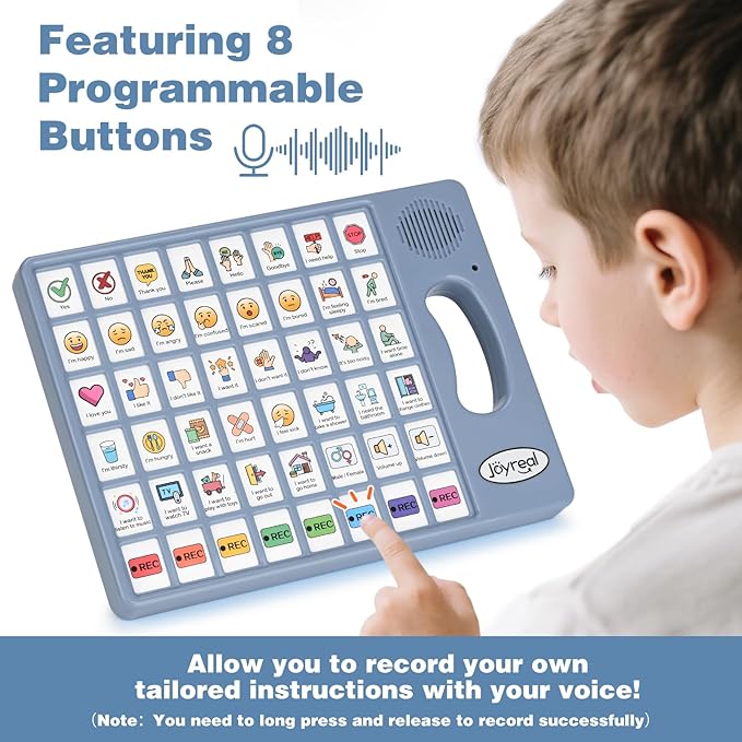 Joyreal AAC Device for Autism, Non Verbal Communication Tools for Speech Therapy & Stroke Rehab. Communication Tablet, Autism Talking Aids with 8 Programmable Buttons & Adjustable Volume (Gray-Blue)