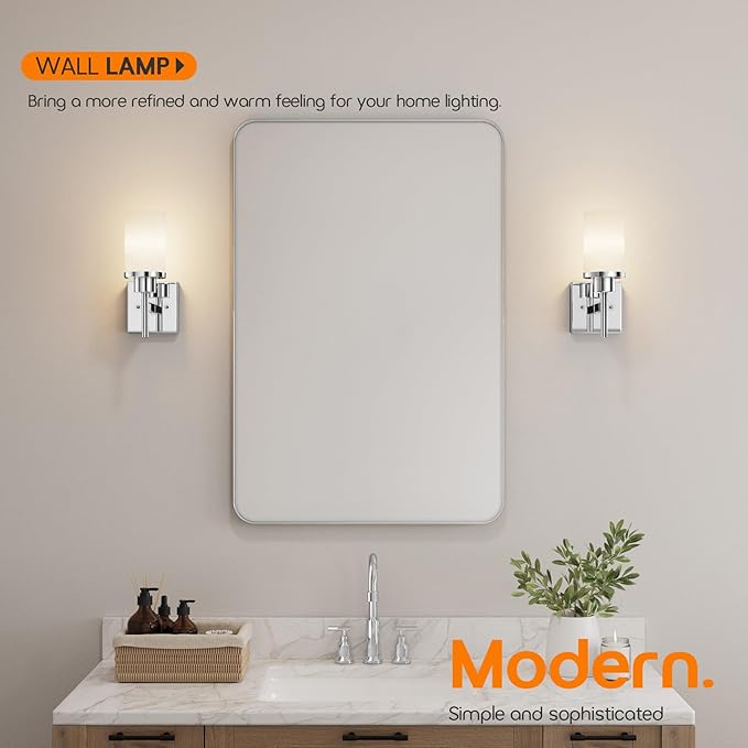 AONEON Vanity Lights Polished Chrome Bathroom Light Fixtures with White Frosted Glass Shade, Wall Sconces for Mirror Hallway Entrance, 2 Pack T001CH-L1-P2