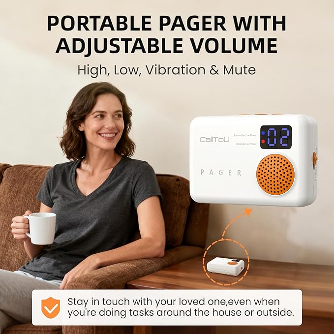 CallToU Caregiver Pager - Wireless Call Button for Elderly at Home, Portable Nurse Alert System with Vibration & Sound Alerts for Seniors and Disabled (3 Call Buttons + 2 Receivers)