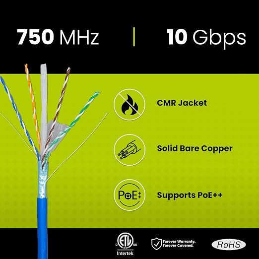 TRUE CABLE Cat6A Shielded Riser Bulk Ethernet Cable, 23AWG Solid Bare Copper - Image 2