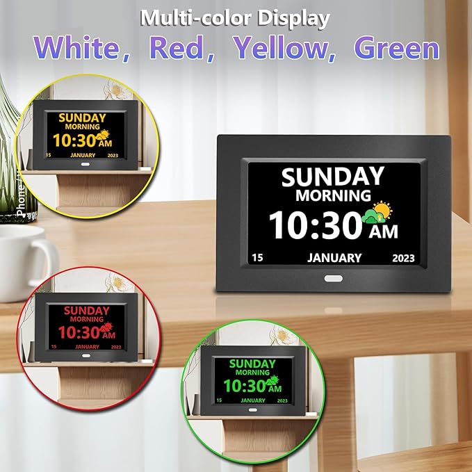 MRCHYDZ 7 Inch Clock with Day and Date for Elderly Large Display Digital Clocks 12 Alarms 3 Display Modes Large Font Alzheimer's Clock Alarm Clocks for Seniors Auto DST Black