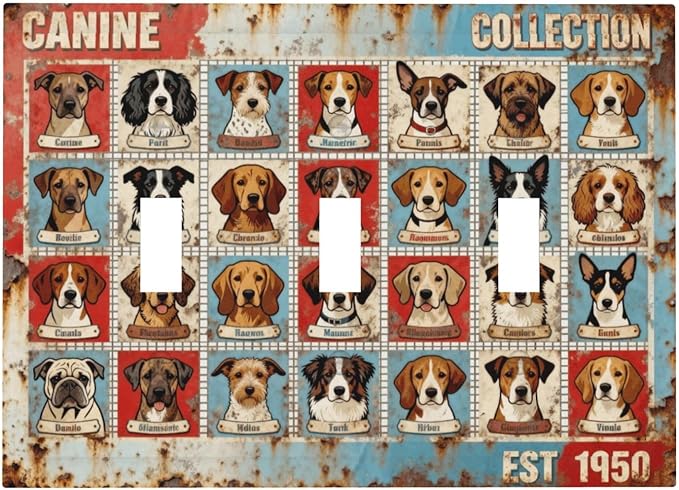Bvtewkhz Dogs Funny Puppy Pets Vintage 3 Gang Triple Toggle Decorative Outlet Covers Light Switch Plate Electrical Receptacle Switchplate For Bathroom Kitchen Bedroom