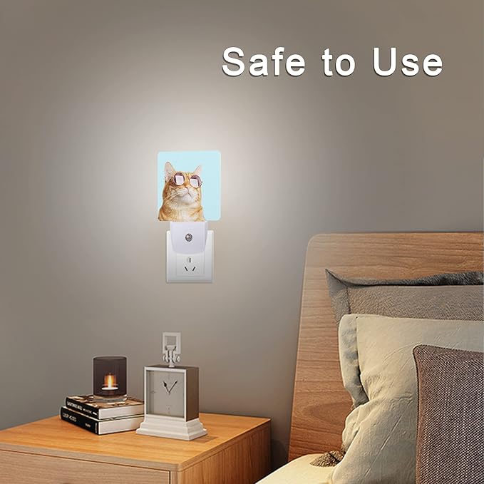Smoaffly Glasses Cat Night Light Plug-in LED Nightlights Auto Sensor Night Lamp Dusk-to-Dawn Lamp Home Decor for Nursery Children Girls Boys