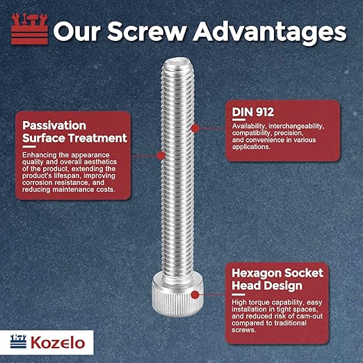 Kozelo 5pcs Socket Head Cap Screws - [M10-1.5 x 70mm] 304 Stainless Steel Allen Socket Drive for Electrical Motor 3D Printing Fan Engine Replacement Use, Silver