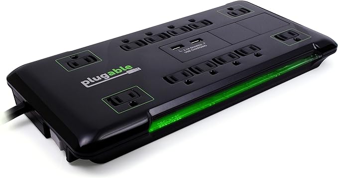 Plugable Surge Protector Power Strip with USB and 12 AC Outlets, Built-in 10.5W 2-Port USB Charger for Android, Apple iOS, and Windows Mobile Devices, 25 Foot Extension Cord