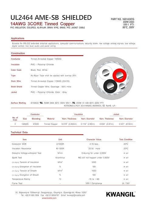 KWANGIL 3C 14AWG AMESB Shielded Cable Wire (UL2464) - Flexible Str TC, PVC Ins, OS+Drain+TC BRD, PVC JKT for CNC Machine, Stepper Motor, VFD Spindle (Gray 50FT)