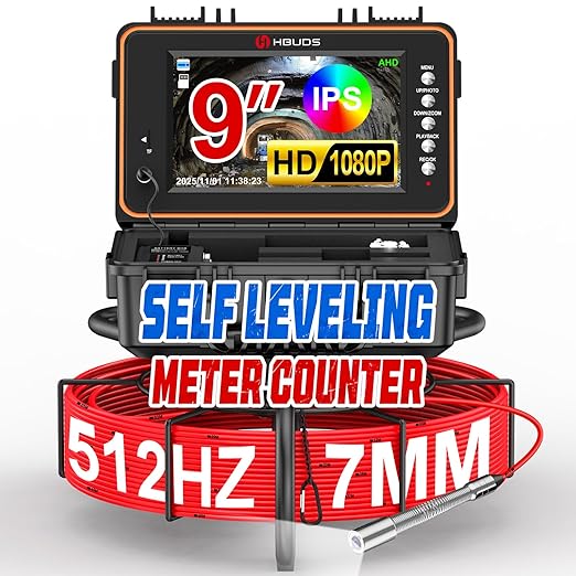 HBUDS Sewer Camera with 512Hz Sonde, Self Leveling 165ft Drain Camera with Meter Counter, 7mm Cable, 9" HD Screen 1080P Plumbing Cameras Snake with Light, 5100mAh Battery Pipe Inspection DVR 32GB