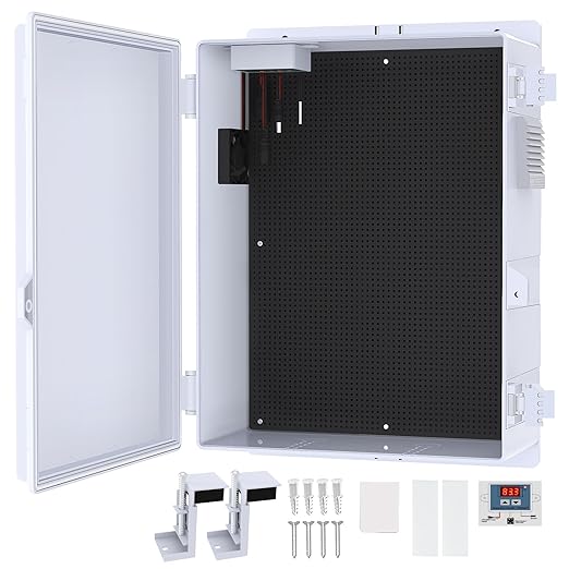 Akwscyby Outdoor Electrical Box, Waterproof Electrical Junction Box IP65 ABS Plastic Enclosure with Fan & Thermostat, Mounting Plate and Hinged Lid (15.7" H x 11" L x 5.9" W)