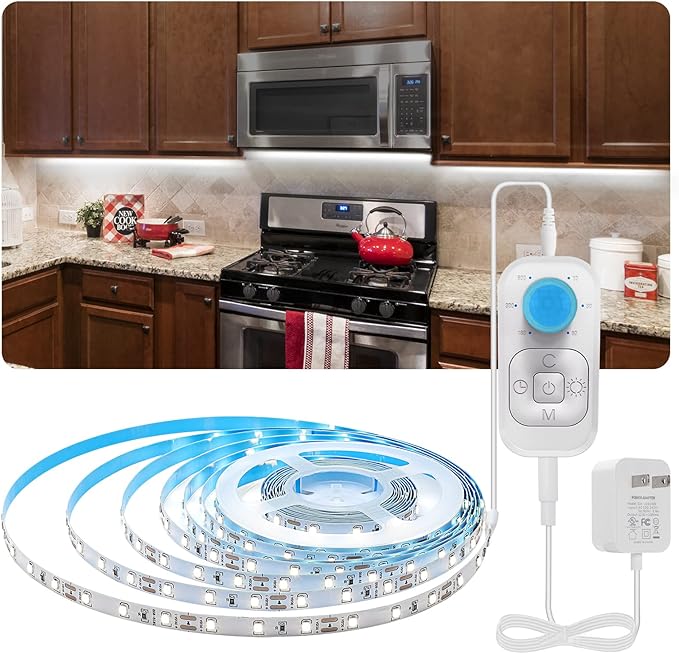Feuymoent Motion Sensor LED Strip Light - Cabinet Strip Lights with 24W Plug, Dimmer and Timing, 9.84ft 3000K WarmWhite