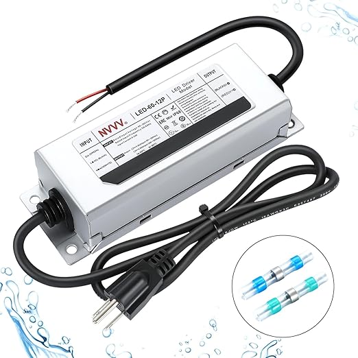 12V LED Driver 60 Watts Waterproof IP68 Power Supply Low Voltage Landscape Transformer AC 90-265V to 12V DC 5A Converter for Indoor Outdoor LED Strip and Any 12 V DC Device