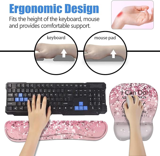 Ergonomic Mouse Pad Wrist Support and Keyboard Wrist Rest Set with Coasters, Non-Slip PU Base, Easy Typing & Pain Relief for Computer Laptop Home Office, Bible Verse Phil 4-13