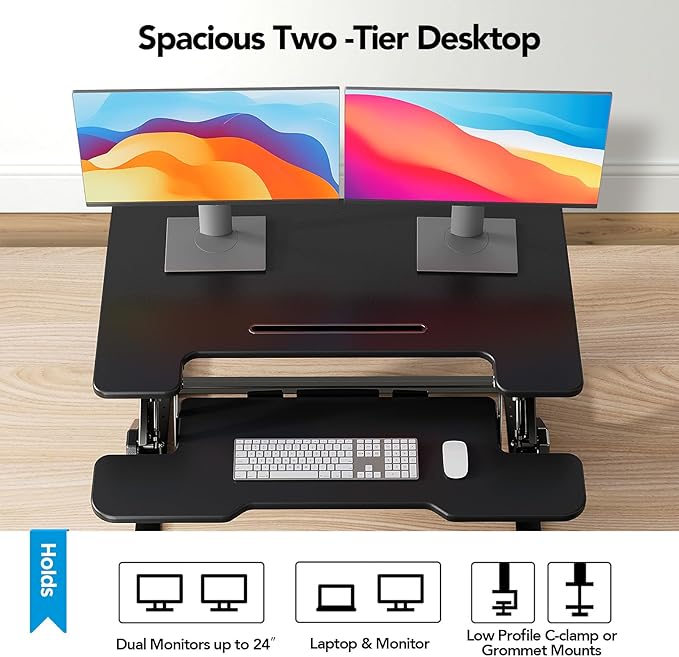 HUANUO 32" Z Shaped Stable Standing Desk Converter, Height Adjustable Sit Stand Up Desk Riser, Dual Monitor and Laptop Workstation with Wide Keyboard Tray, Desk Lifter for Home Office