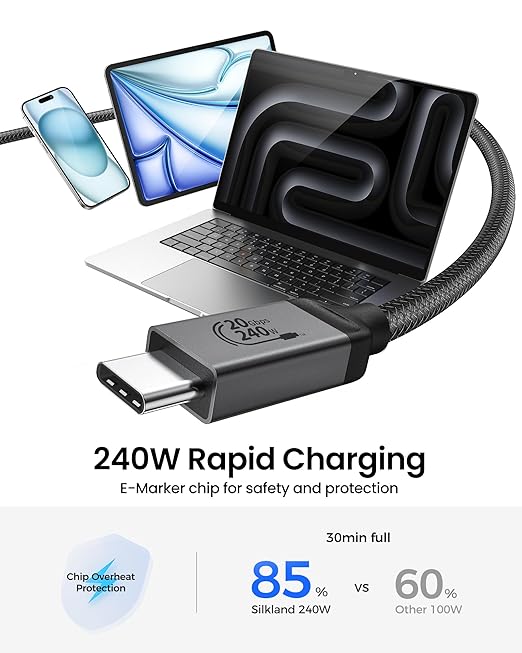 Silkland USB 4 Cable Long for Thunderbolt 4 Cable 16.5FT/5M, 20Gbps Data Sync, 5K/4K@60Hz, 240W Charging, USB C Thunderbolt Cable, Compatible for MacBook, Monitor, Dock, iPhone 17, VR Headset, Camera
