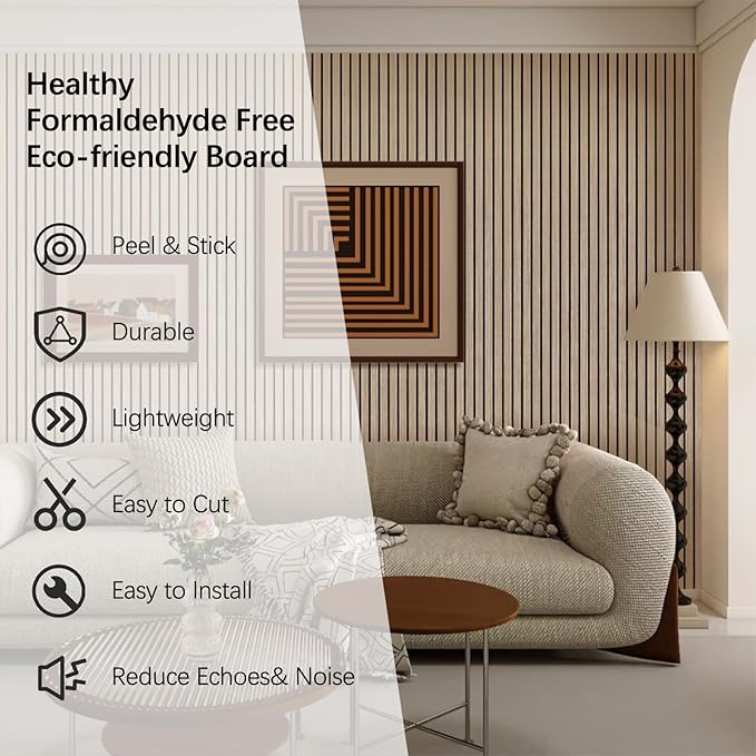 ARMURO Acoustic Wood Wall Panels, 2 PCS Slat Wall Panels - Walnut Veneer Soundproof Panels for Home & Office, 94.5" Extra-Long Easy Peel & Stick Panels for Walls (11.8"W x 94.5"L)