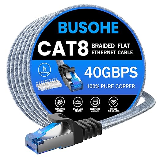 BUSOHE Cat 8 Ethernet Cable 100 ft, Nylon Braided High Speed Heavy Duty Network by BUSOHE