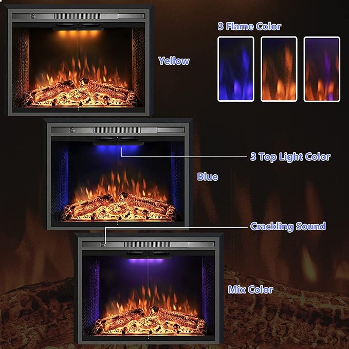 25.4 Inches Electric Fireplace Insert, 750W/1500W Fireplace Heater with Adjustable Flame and Top Light Colors, Fire Crackling Sound, Remote Control, Timer, Glass Door & Mesh Screen, Black