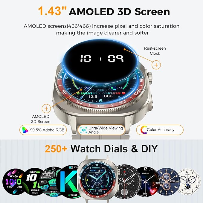 Soudorv Smart Watch, 2026 AMOLED 1.43" Smartwatch for Men Women(Answer/Make Call), 60 Days/130+ Sports/Flashlight, Heart Rate/Sleep Monitor, IP68 Waterproof Fitness Activity Tracker for Android iOS