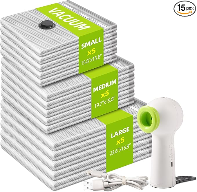 VACKFOX 15 Pack Vacuum Seal Bags with Wireless Rechargeable Electric Pump, Vacuum Storage Bags with LED Light(5L+5M+5S), Travel Vacuum Bags for Luggage, Space Saver for Clothes and Clothing Travel