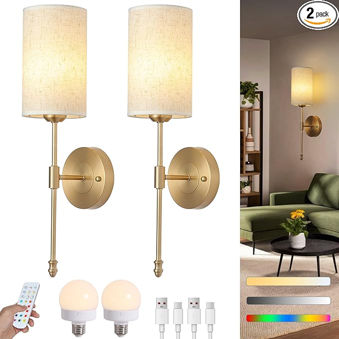 Battery Operated Wall Sconces Set of Two, Rechargeable Wireless Wall Lights with Remote, Gold Electroplating, Dimmable, RGB 15 Colors, Ideal for Bedroom, Living Room, 2 Pack