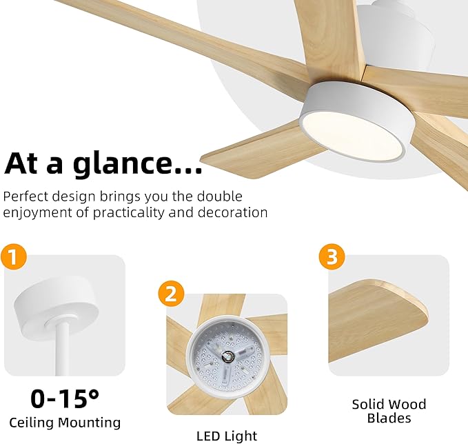 WINGBO 48 Inch DC Ceiling Fan with Lights and Remote Control, 5 Carved Solid Wood Blades, 6-Speed Noiseless Reversible DC Motor, Indoor Ceiling Fan in Gloss White Finish with Oak Blades