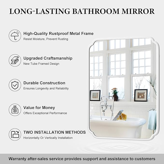 White Bathroom Vanity Mirror for Over Sink 30" x 40" Modern Rounded Corner Rectangle Wall Mirror Decorative with Non-Rusting Iron Metal Framed (Horizontal/Vertical)