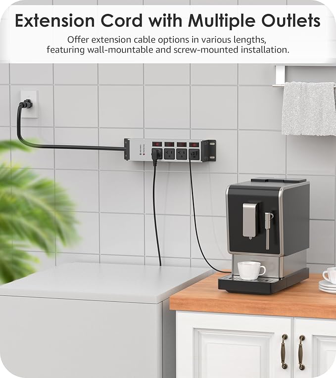 CCCEI Heavy Duty Surge Protector Power Strip 20 Amp Individual Switches. 25FT 12 Gauge Extension Cord with Multiple Outlets. Kitchen, Garage, Shop, Industrial Wall Mount Electric Extender, Grey.