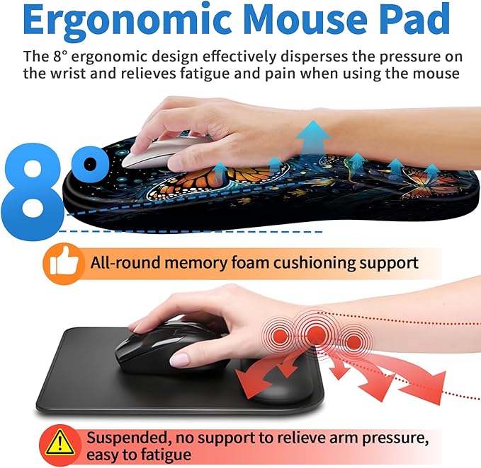 YIWEI Ergonomic Mouse Pad with Wrist Rest - Comfortable Office Mousepad with Memory Foam Wrist Support for Carpal Tunnel Relief, Mouse Pads with Non-Slip Base for Gaming and Home (Butterfly)