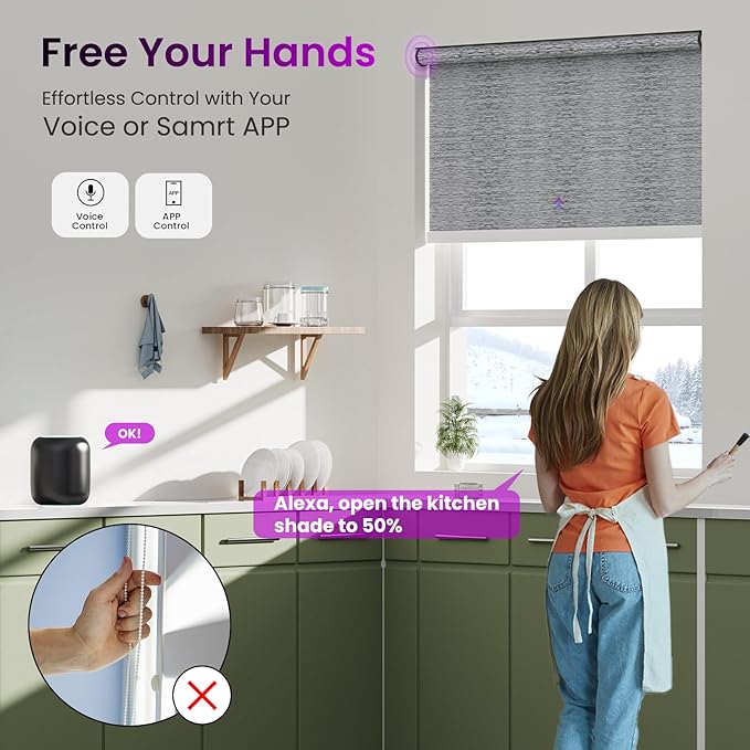 Astomi Motorized Roller Shades for Windows, Blackout Automatic Blinds with Remote, Smart Blinds, Voice Control, Compatible with Alexa, Google, Custom Size, Jacquard Grey