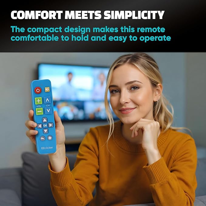 EZclicker Plus Big Button Universal TV Remote (Blue) Simple Easy to Use, Works with Major TV Brands (2xAAA Batteries Not Included)
