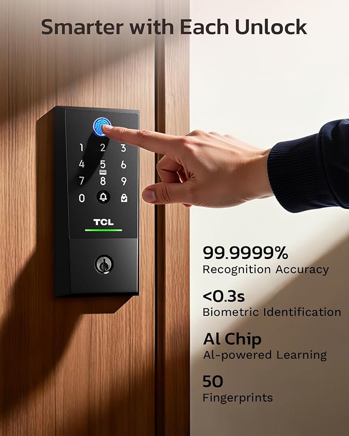 TCL D2 Plus Fingerprint Smart Lock, Wi-Fi Keyless Entry Door Lock, IP55 Weatherproof, Built-in Doorbell, Auto Lock, Easy Install, Black