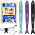 SOLIDATOR 24-Pack Reusable Fish-Shape Silicone Cable Ties – 8 Colors, 4.7” Adjustable Cord Organizers for Cords & Electronics, Cord Wraps for Charging Cables, Cable Management for Home & Office