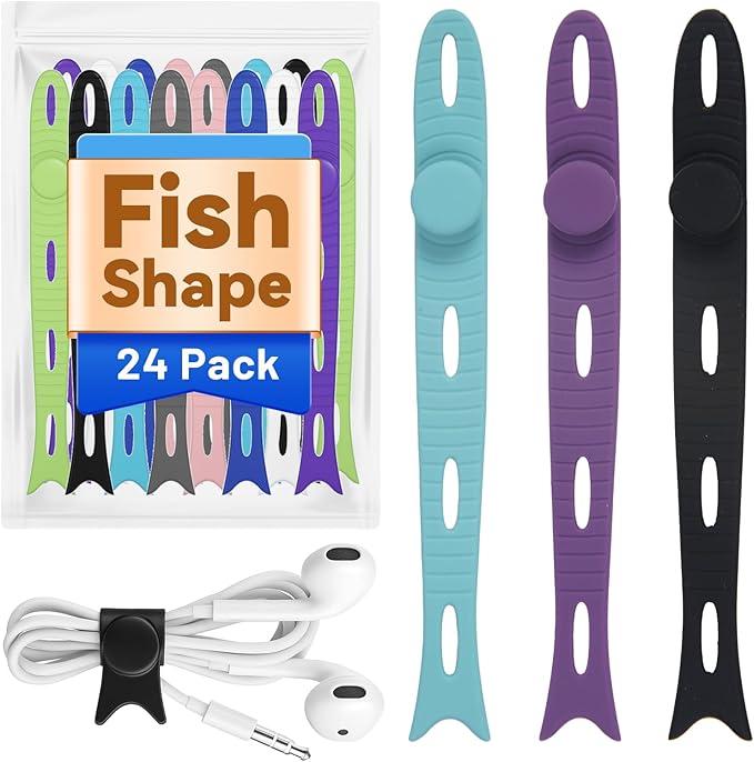 SOLIDATOR 24-Pack Reusable Fish-Shape Silicone Cable Ties – 8 Colors, 4.7” Adjustable Cord Organizers for Cords & Electronics, Cord Wraps for Charging Cables, Cable Management for Home & Office